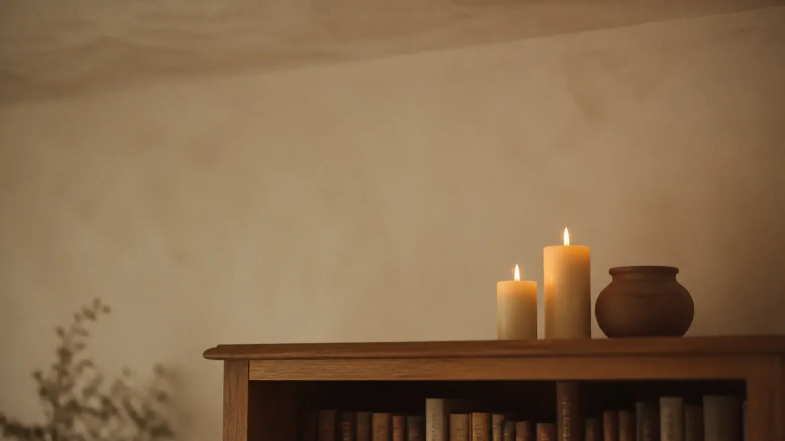 two lit pillar candles standing on the open top of a bookcase