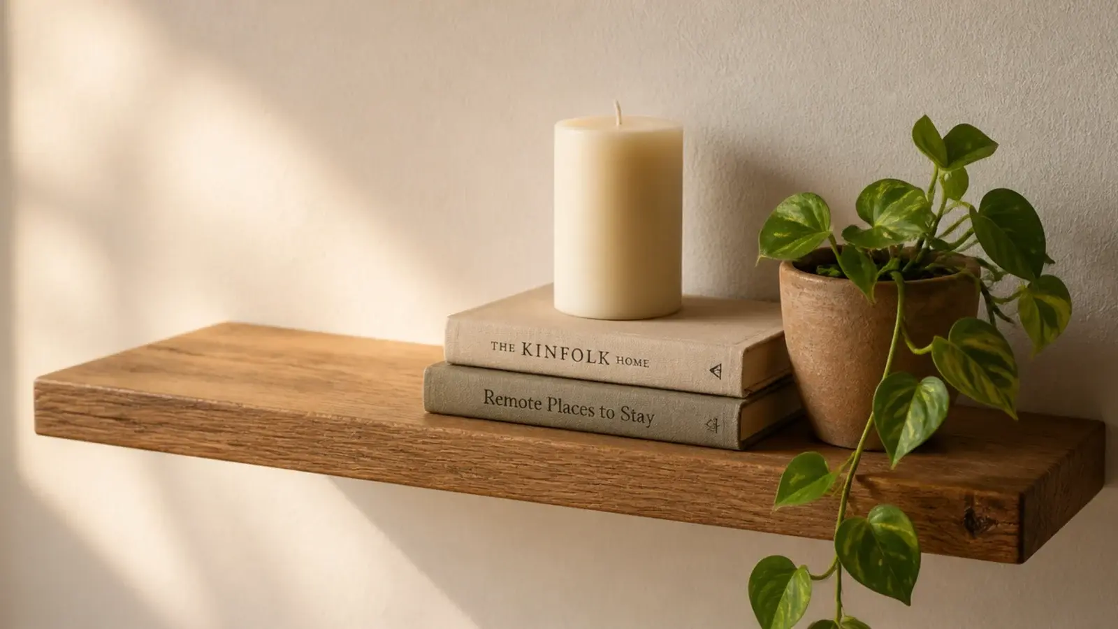 single shelf styled with a candle stacked books and a small plant