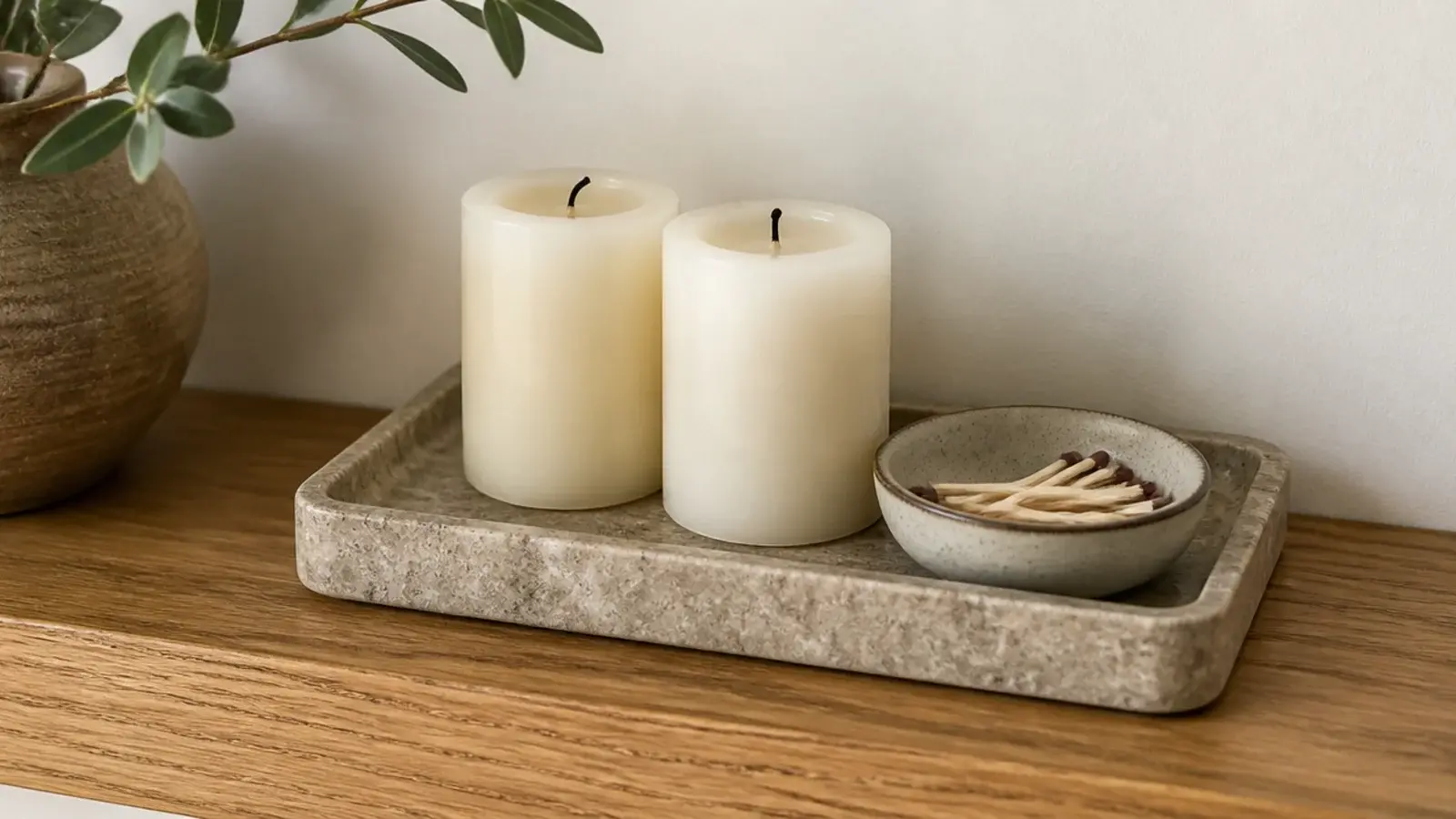 small stone tray gathering candles and a dish on one shelf