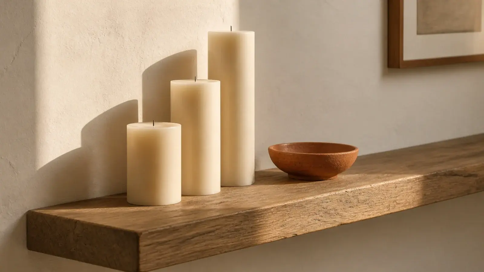 three candles at stepped heights arranged along one wooden shelf
