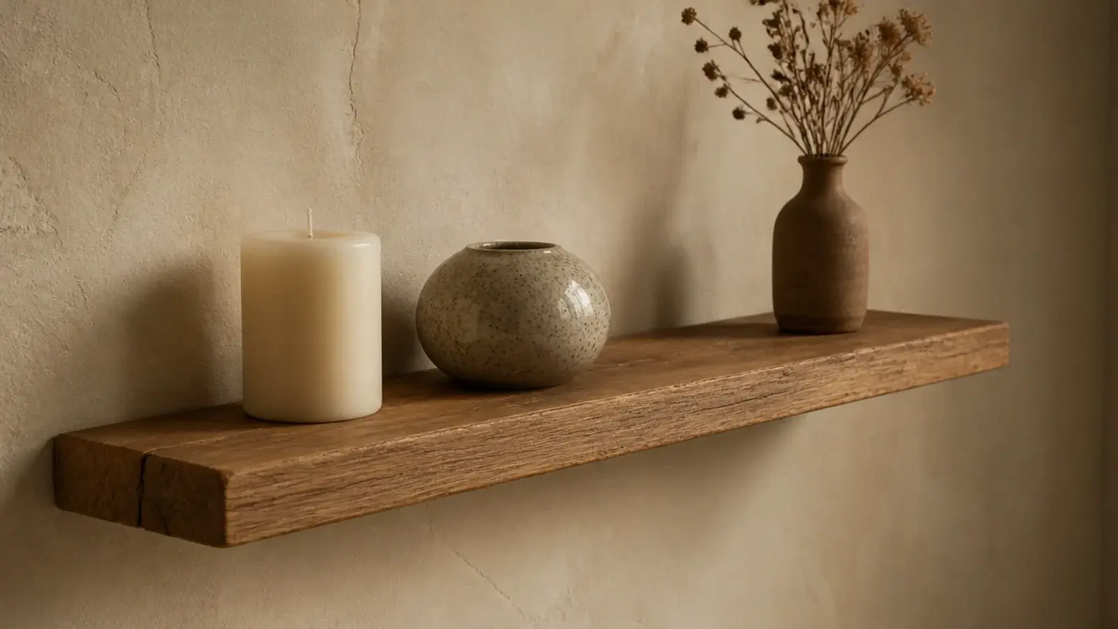 shelf trio of candle stoneware vessel and dried stems in clay