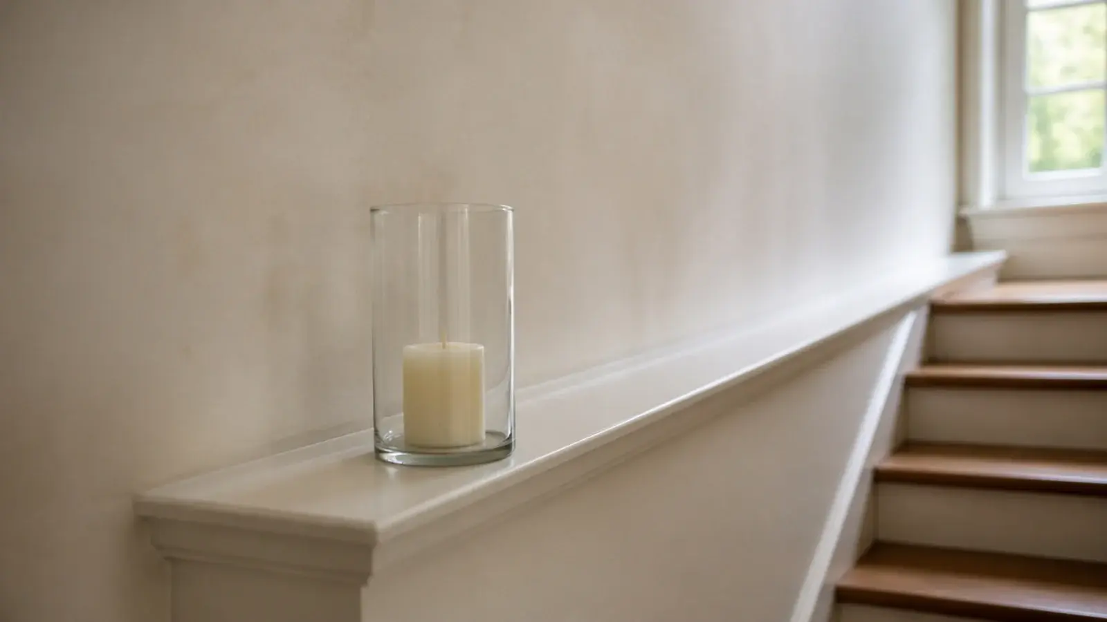 hurricane glass sheltering a candle on a narrow stair ledge