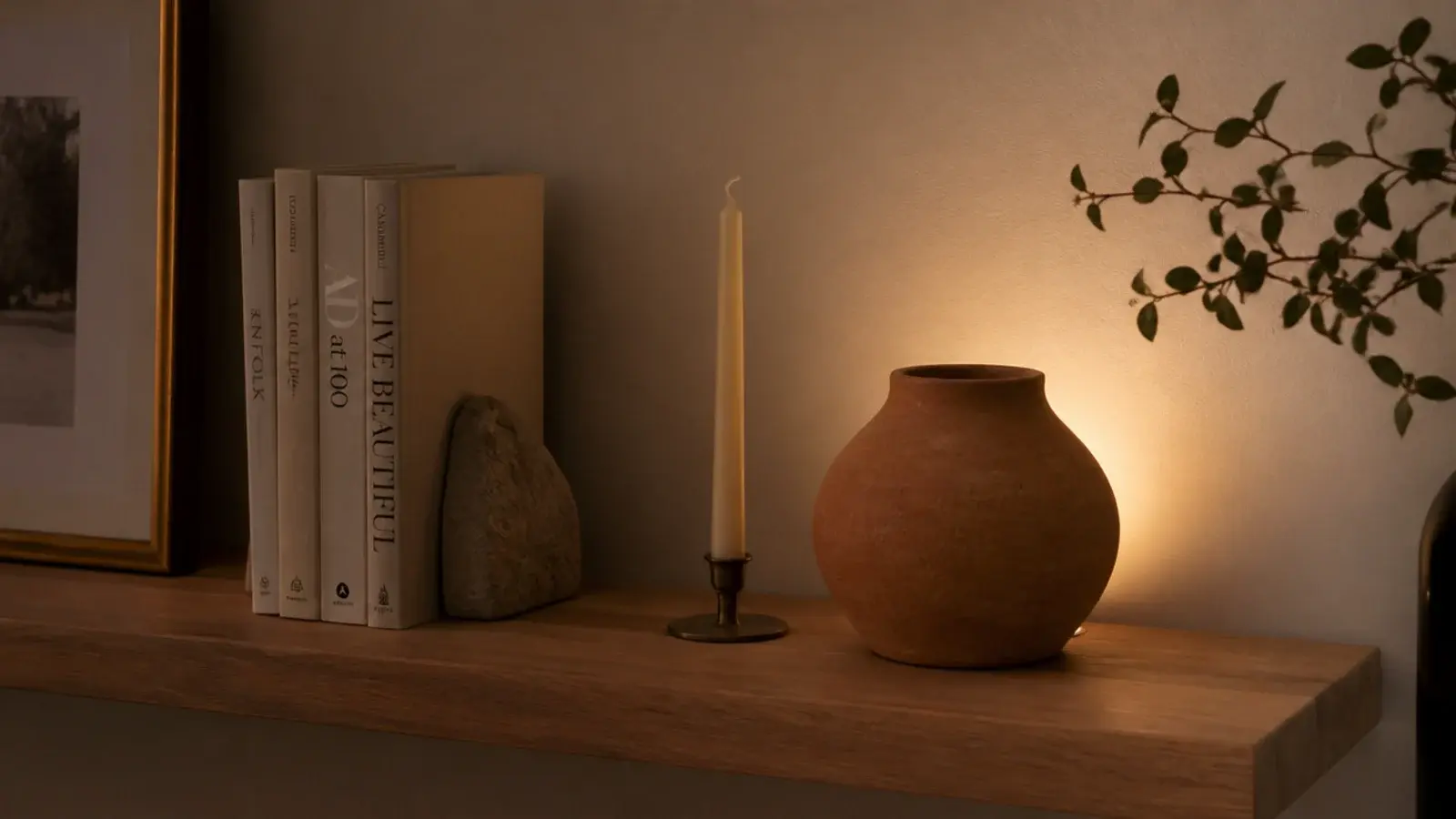 warm puck light hidden behind pottery casting glow across a shelf