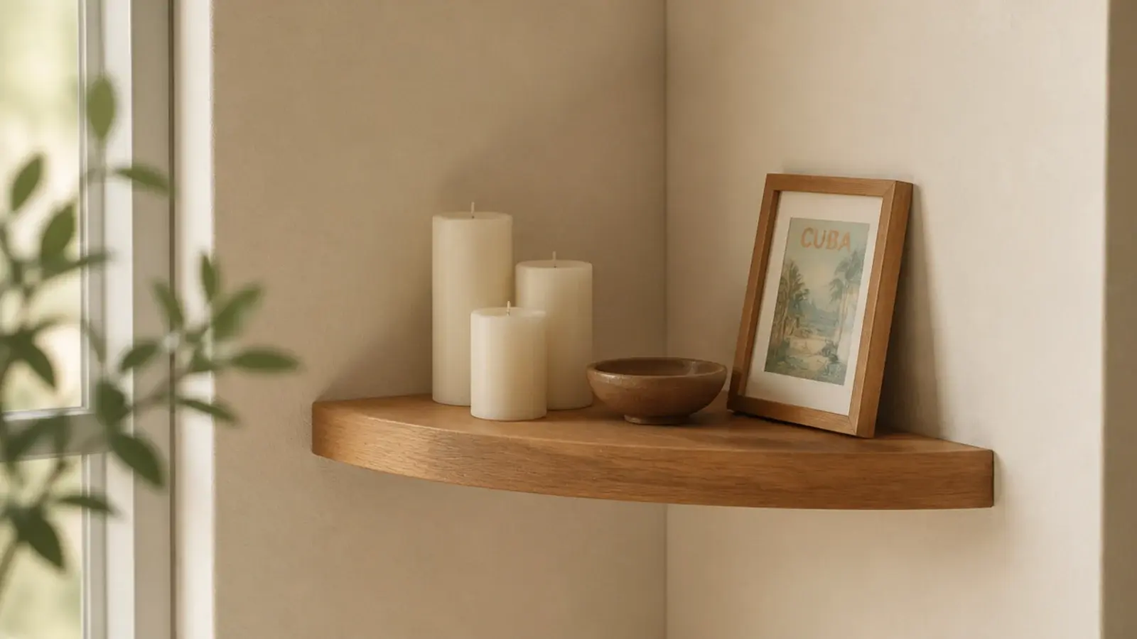 cluster of candles and pottery styled on a floating corner shelf