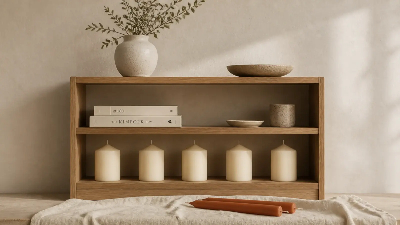 seasonal candle swap laid out beside a styled neutral shelf