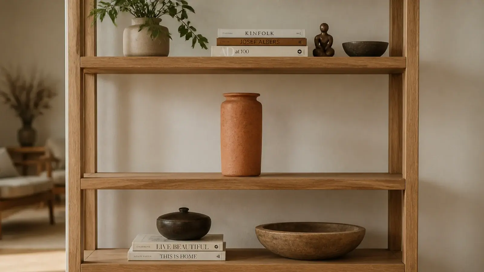 shelving unit with one deliberately sparse tier holding a single vessel