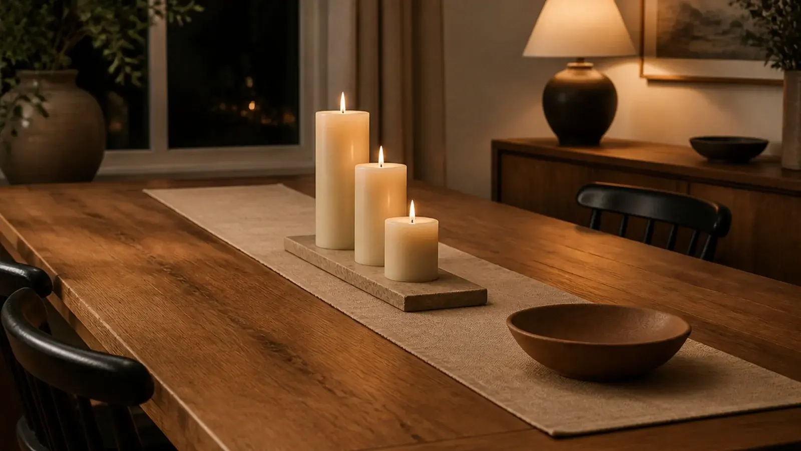 three candles at stepped heights arranged along a narrow linen runner