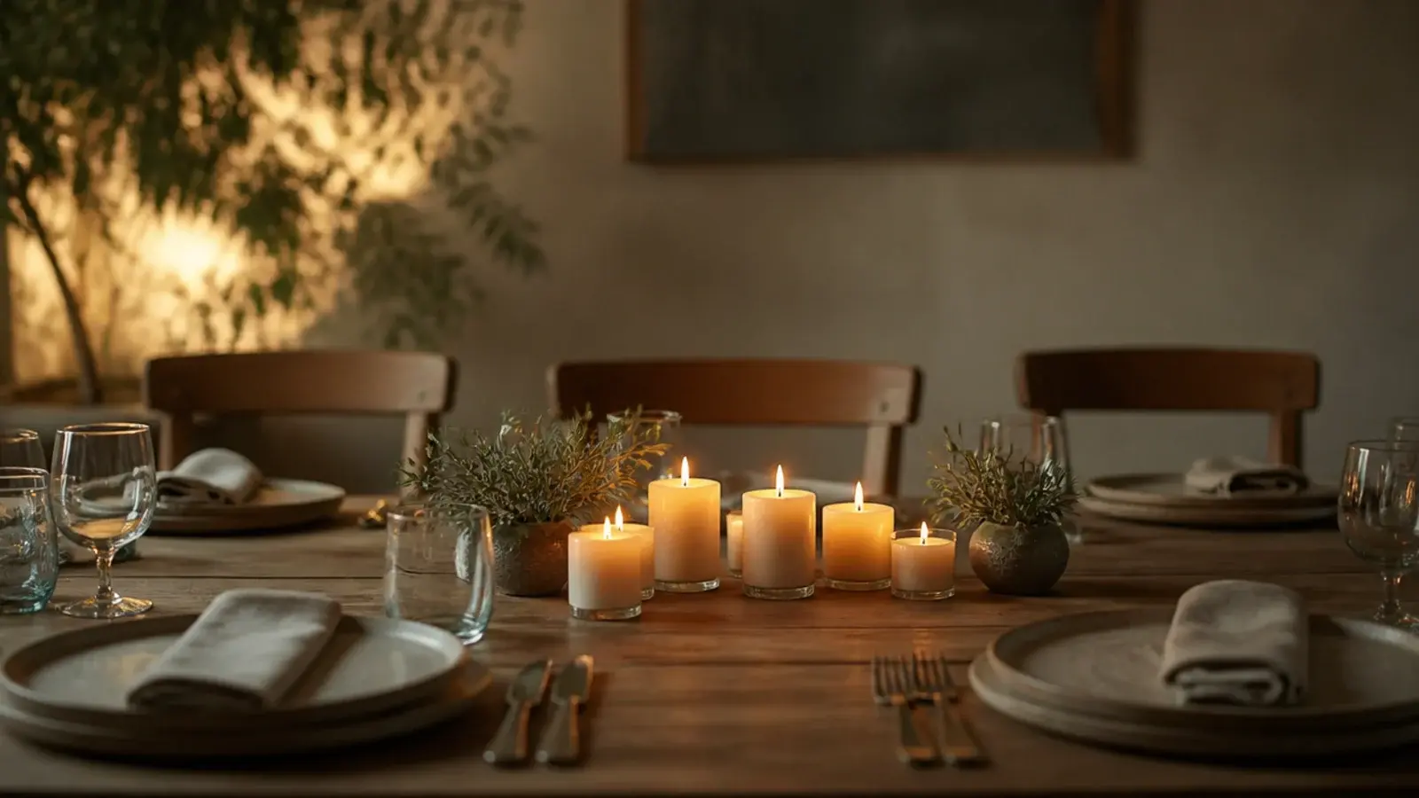 low candle group seen across a table at seated eye level