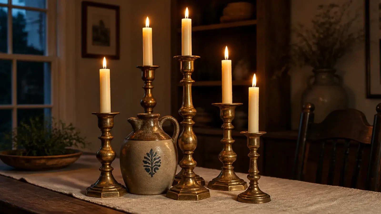 mismatched brass candlesticks holding tapers at three different heights