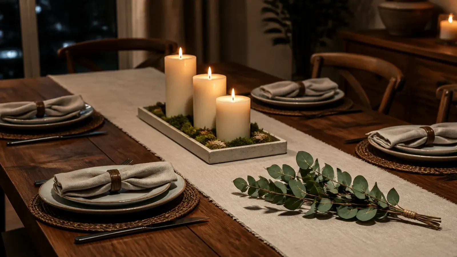 eucalyptus sprigs placed a foot away from lit centerpiece candles