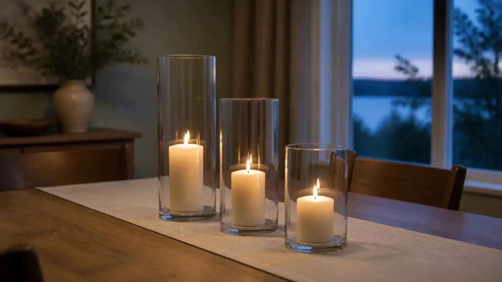 three glass hurricanes sheltering candles on a dining table center