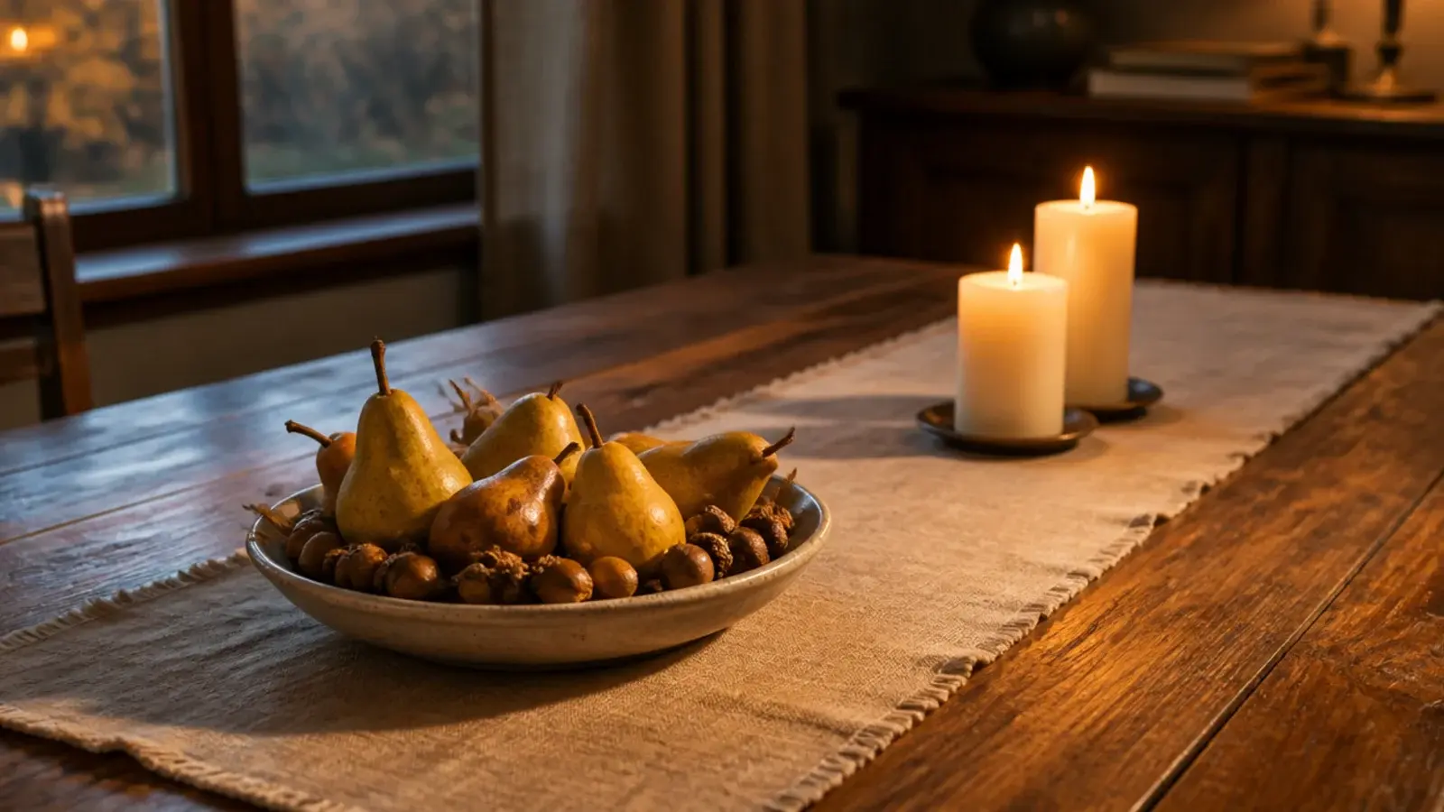 bowl of pears and acorns set apart from a lit candle centerpiece