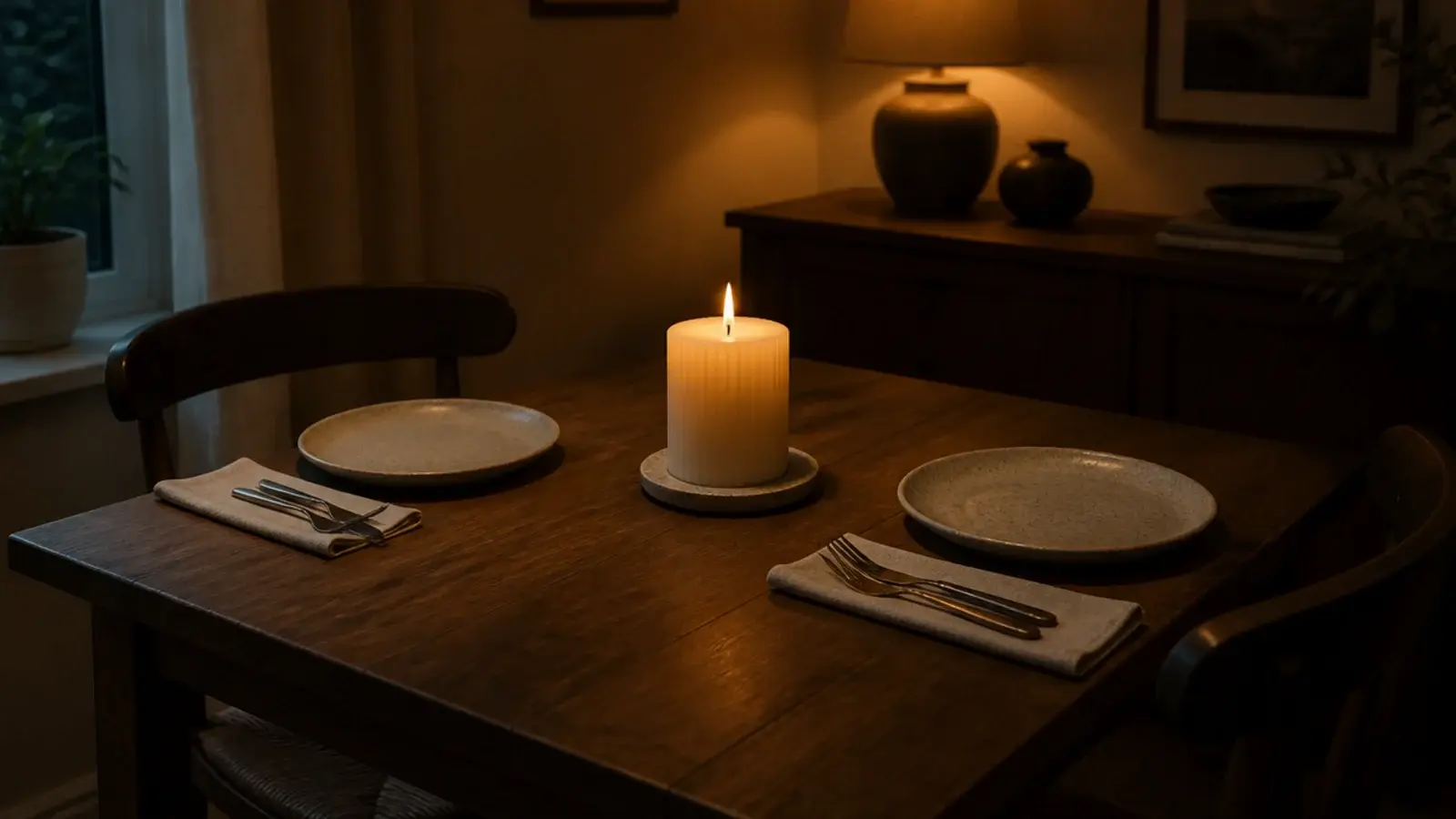 single wide sculptural pillar candle centered on a small dining table