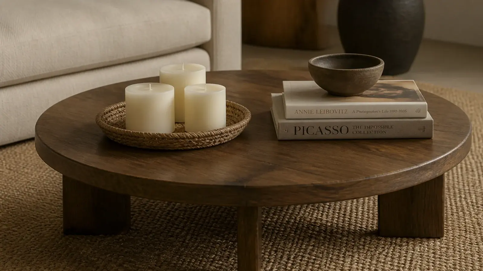 low candle grouping on a coffee table tray beside stacked art books