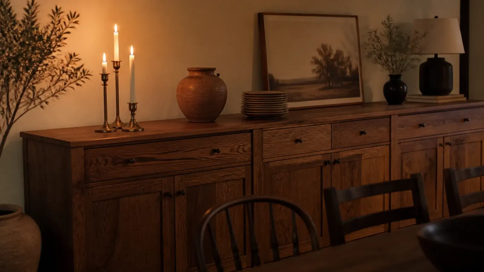candle grouping styled along a buffet console behind a dining table
