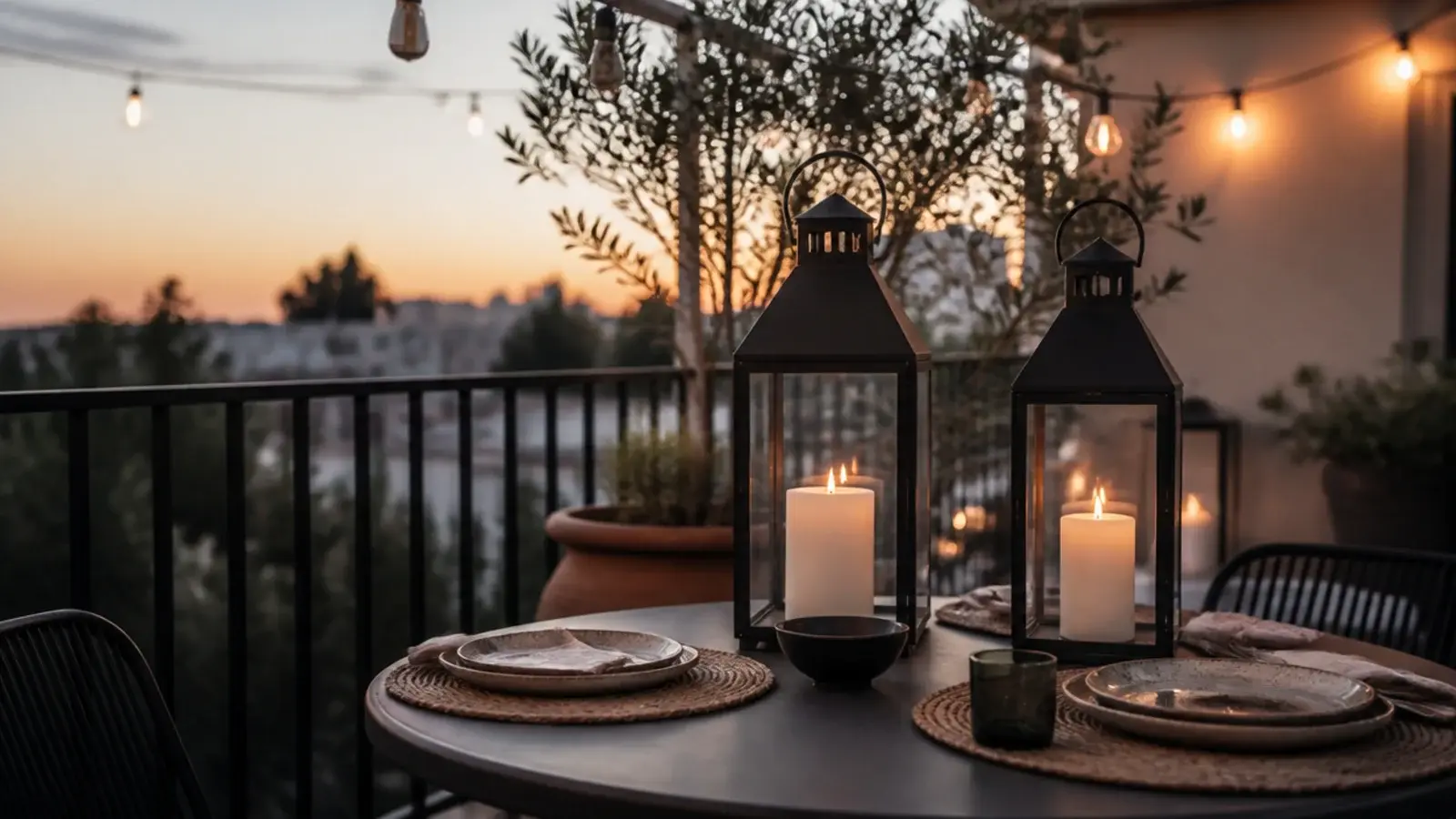 metal lanterns holding candles on an outdoor table at dusk