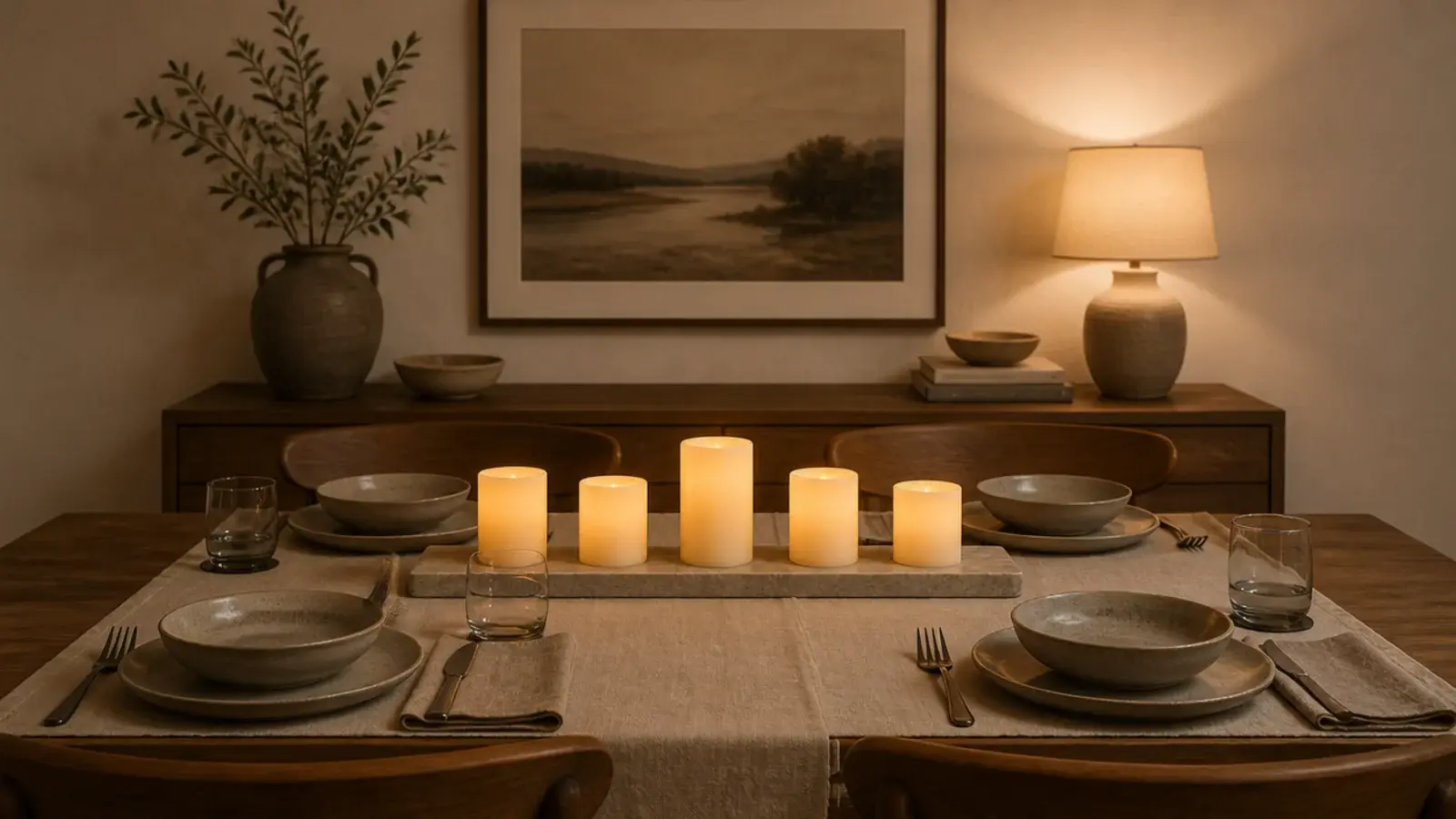 flameless wax pillars glowing as a centerpiece on a set dining table