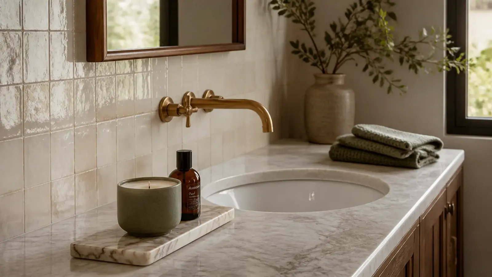 bathroom counter with one stoneware candle on a marble tray by tile
