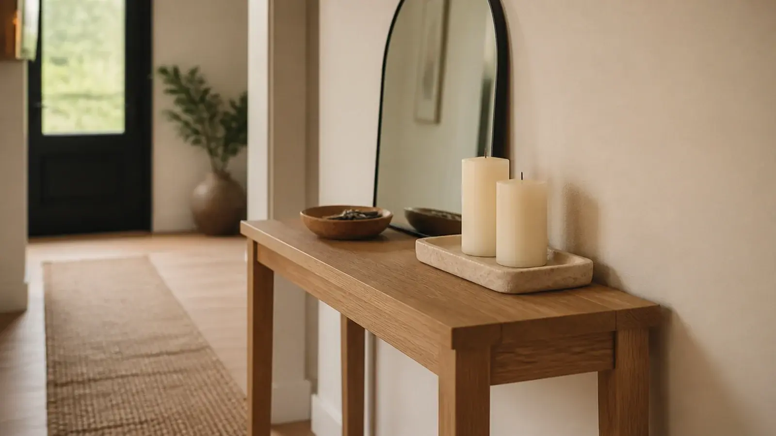 entry console with candles a key bowl and a leaning arched mirror