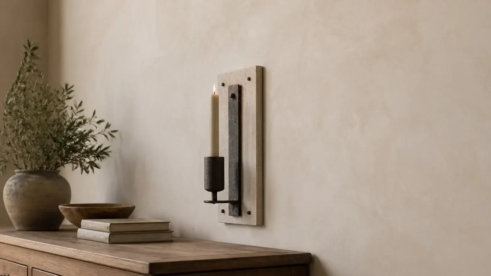wall candle remounted lower with a stone panel and clear plaster above