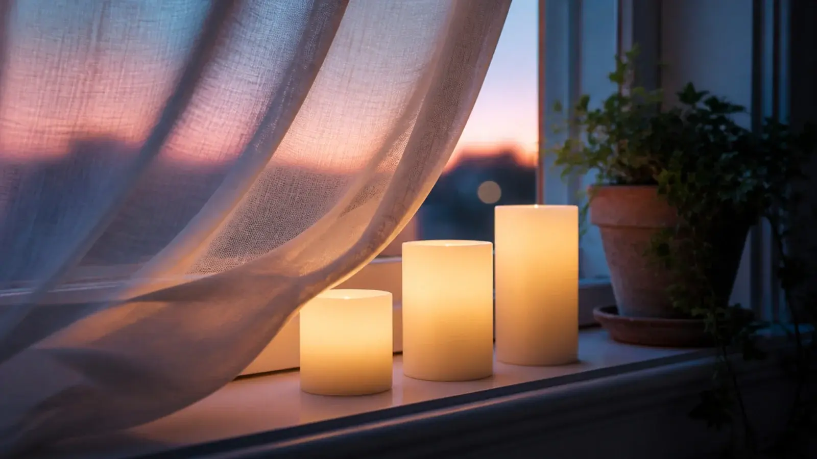 windowsill lined with flameless candles behind a drifting sheer curtain