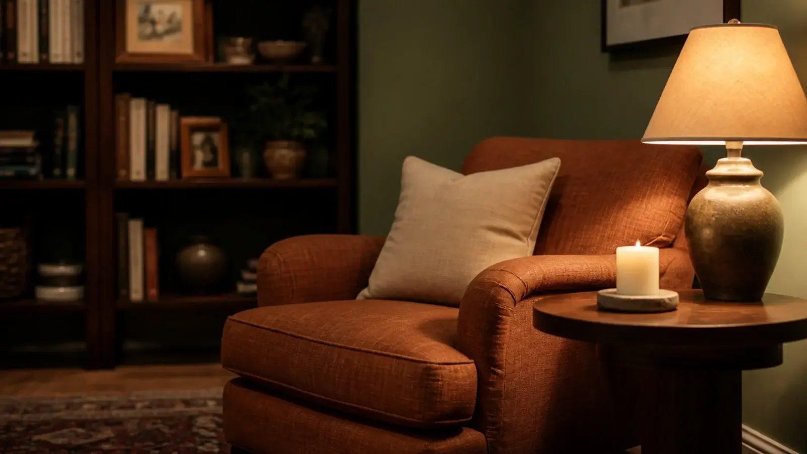 reading corner with one candle a warm lamp and a linen armchair