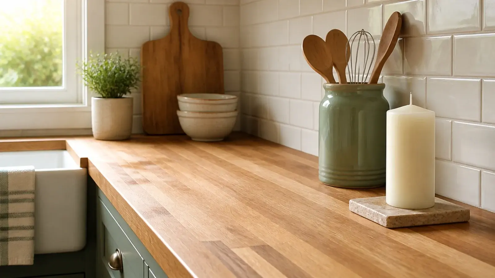 kitchen counter with one unscented candle on tile beside a crock