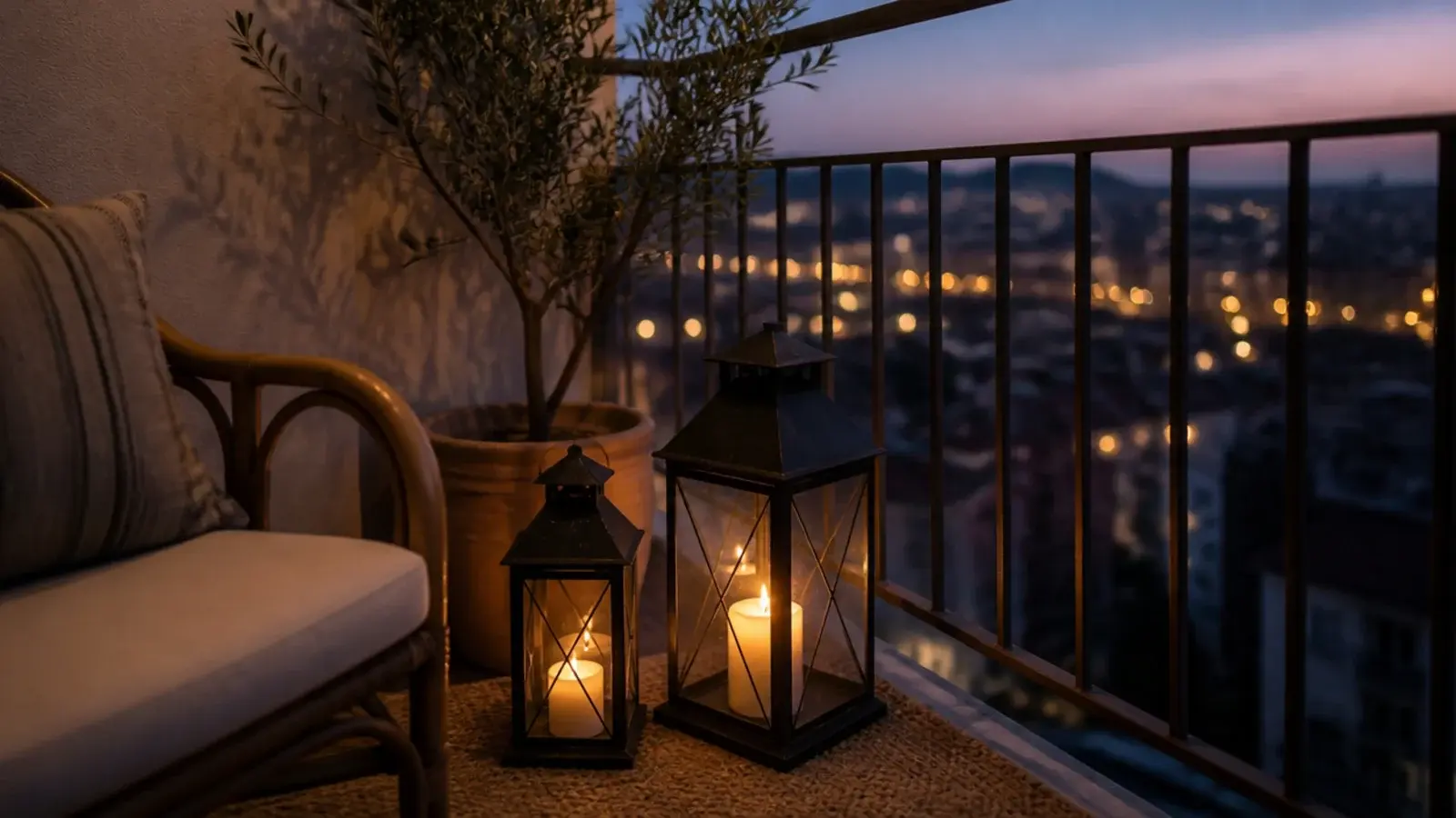 balcony corner with enclosed lanterns beside a rattan chair at dusk