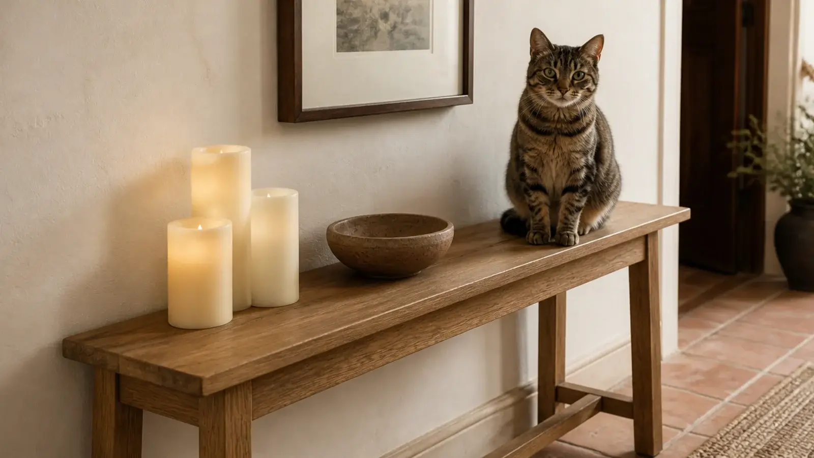 narrow console styled with flameless candles along a cat walking route
