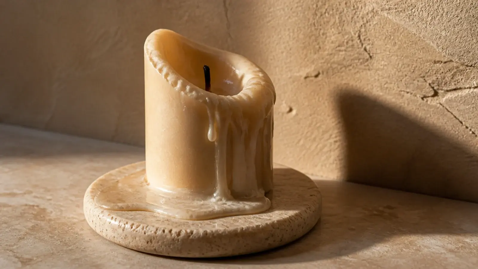 narrow pillar candle collapsed down one side with wax running over
