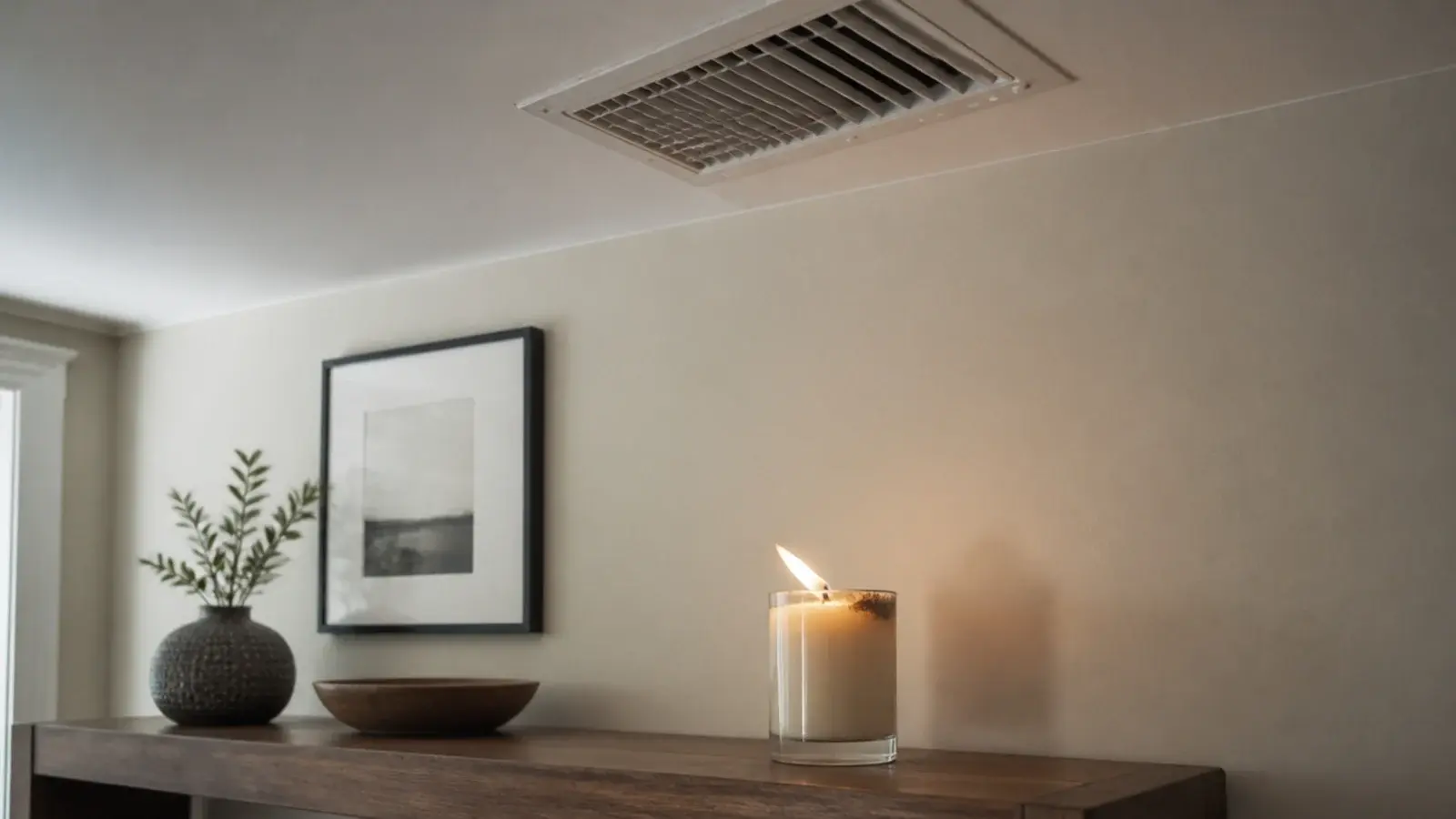candle flame leaning sideways in the draft below a ceiling air vent