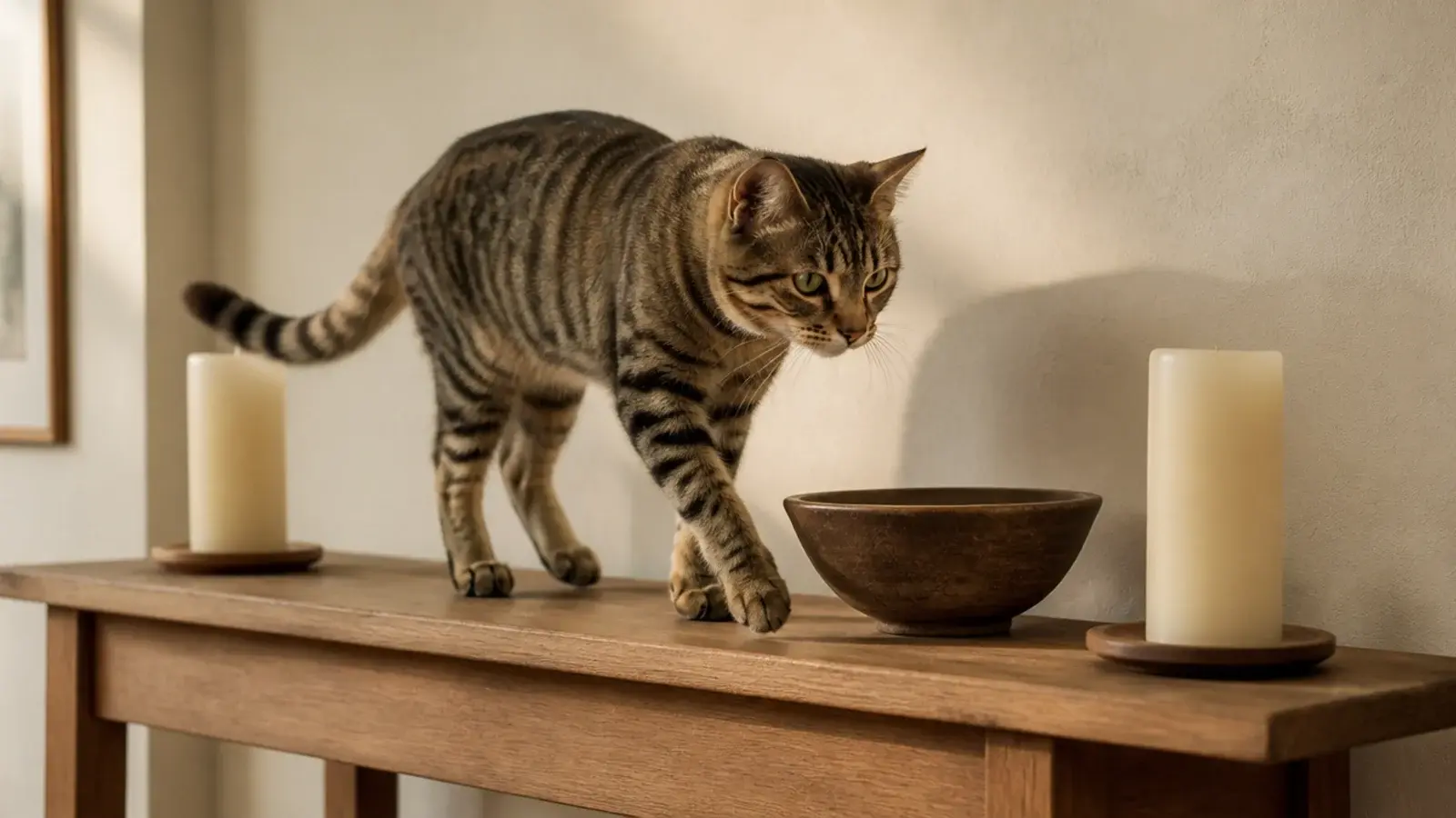 tabby cat crossing a console between two unlit candles and a clay bowl