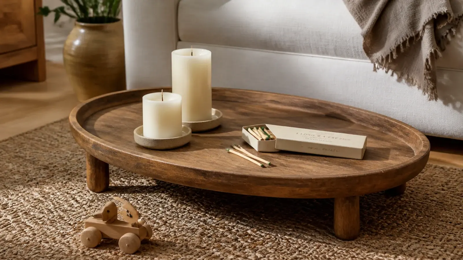 box of matches sitting openly on a low coffee table candle tray