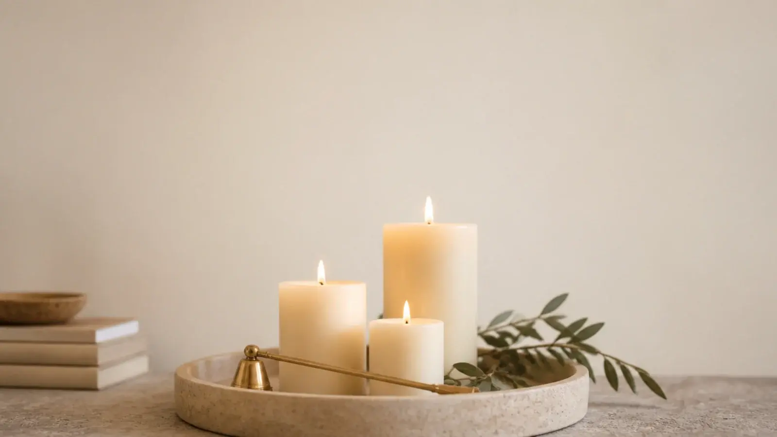 vertical image of corrected candle decor mistakes on a stone tray