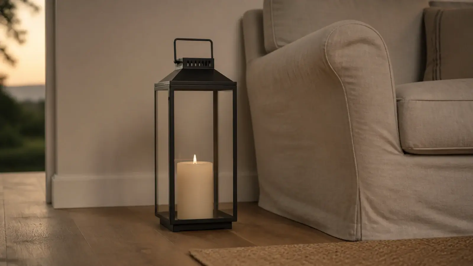 heavy metal floor lantern glowing beside an armchair in a corner