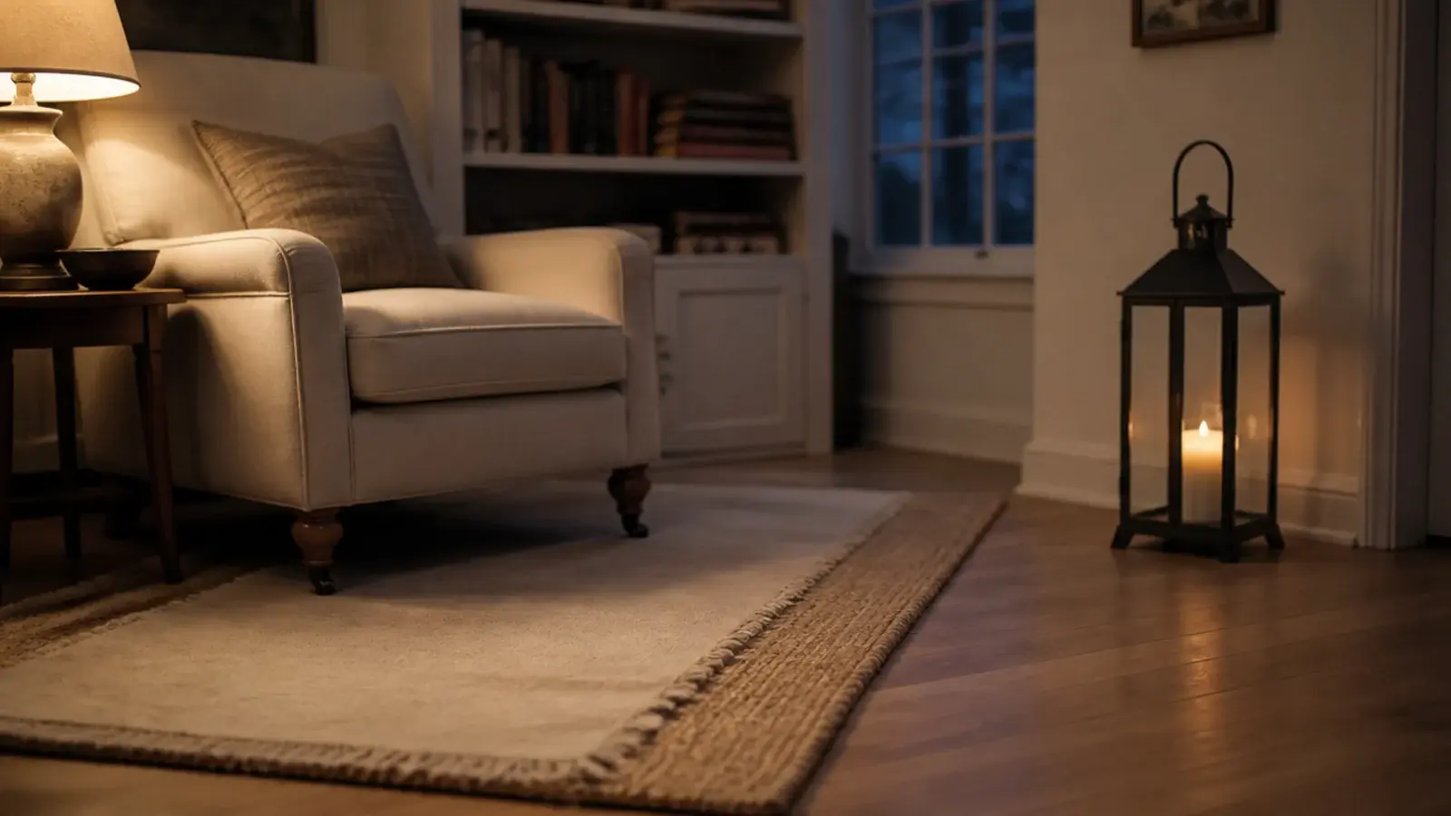 jute rug layered with a wool runner beside a candle lantern corner