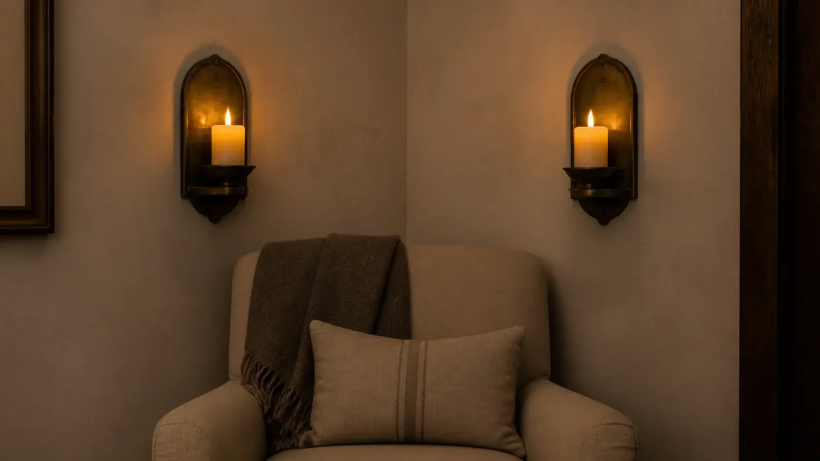 brass wall sconces with flameless pillars glowing above a corner chair