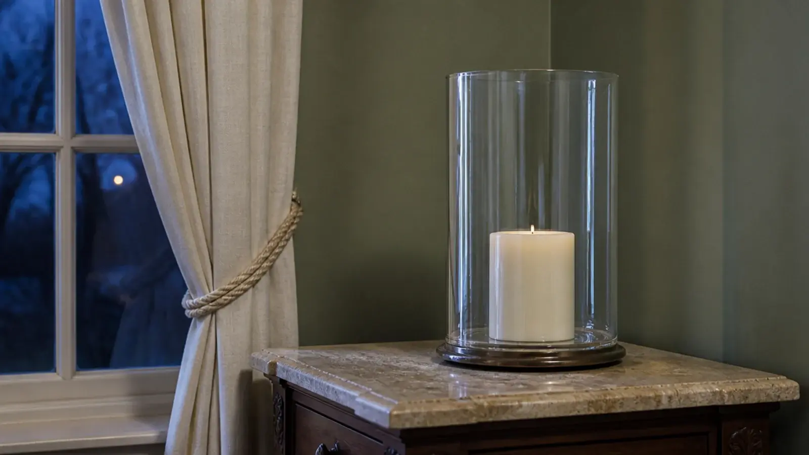 tall hurricane glass sheltering a candle in a breezy window corner