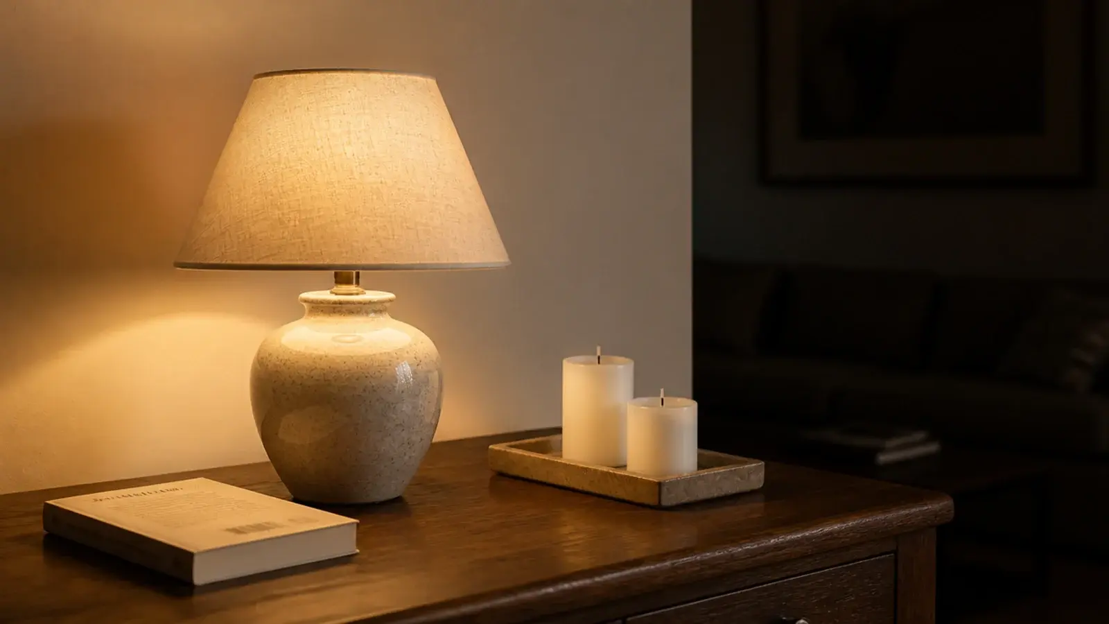 small ceramic lamp with warm bulb glowing beside candles on a table