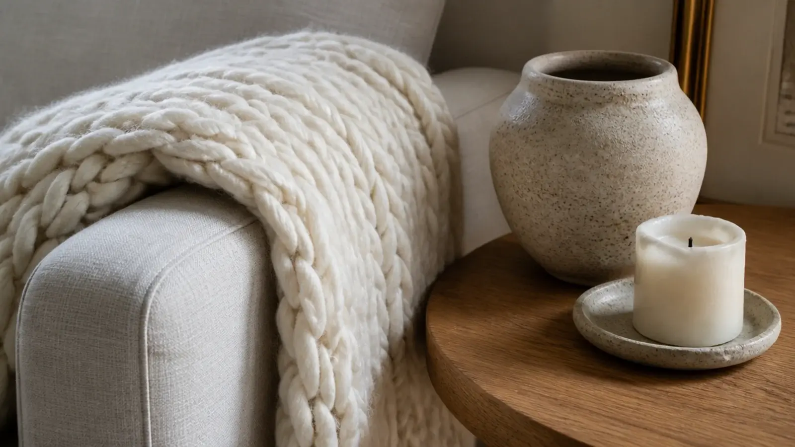 linen wool and stoneware layered together in a warm corner vignette