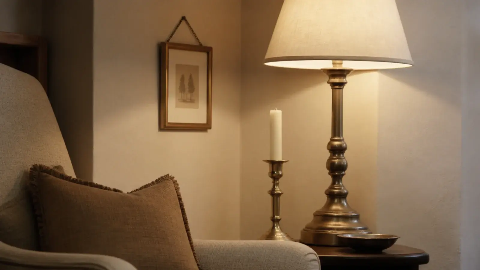 brass lamp base candlestick and picture frame repeated across a corner