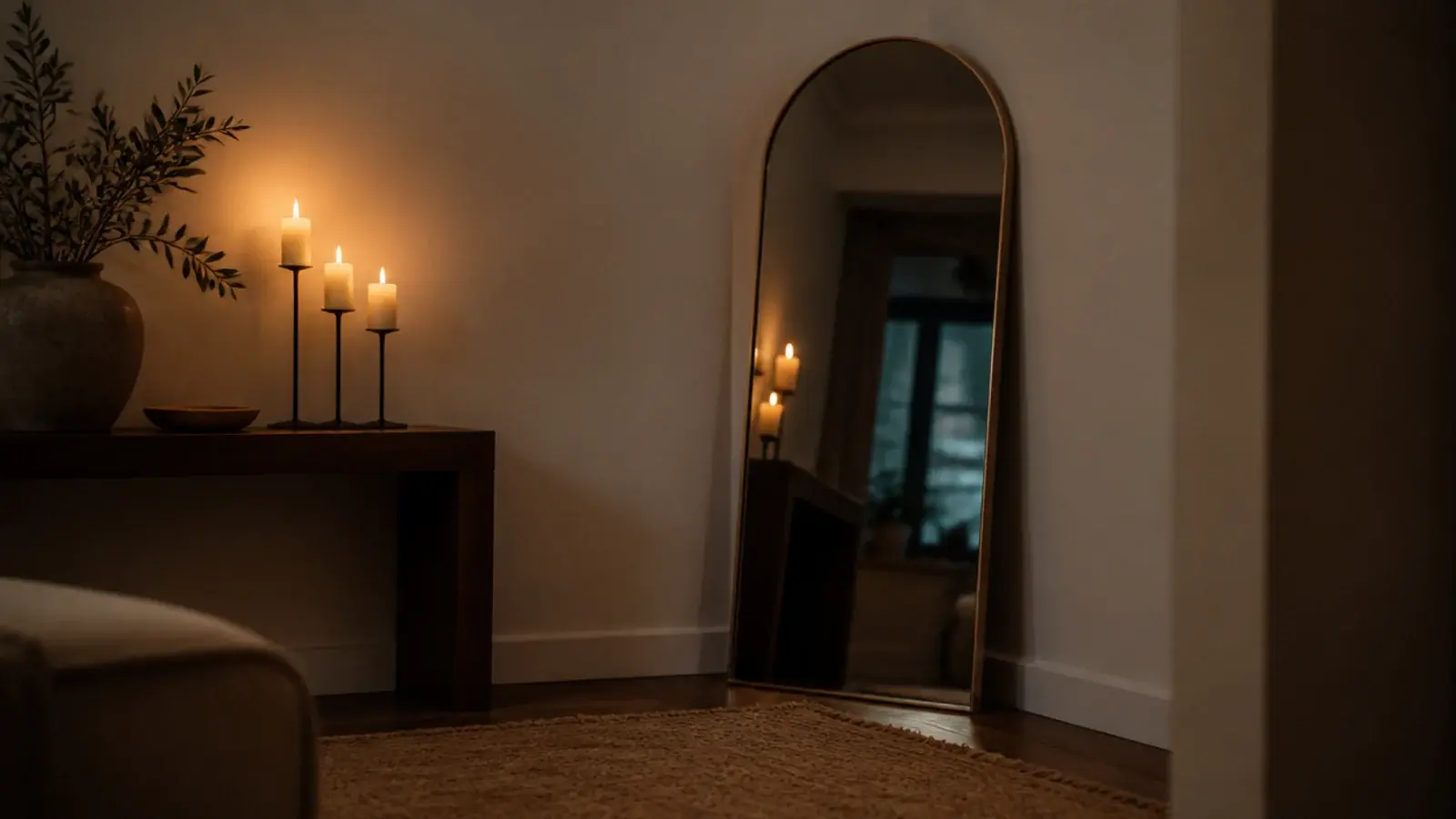 leaning arched mirror reflecting candlelight in a small dim corner