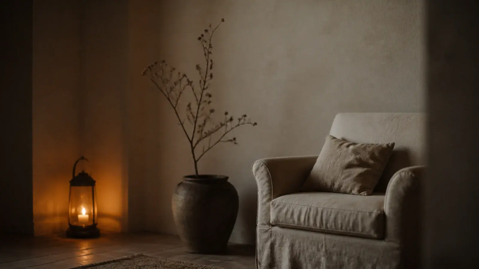 dried branch in a clay floor vessel standing away from a candle corner