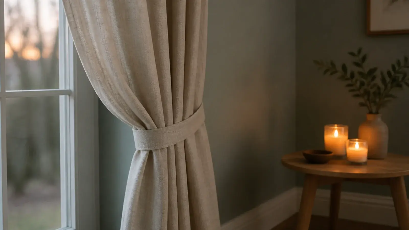 linen curtain held back with a tie away from a glowing candle corner