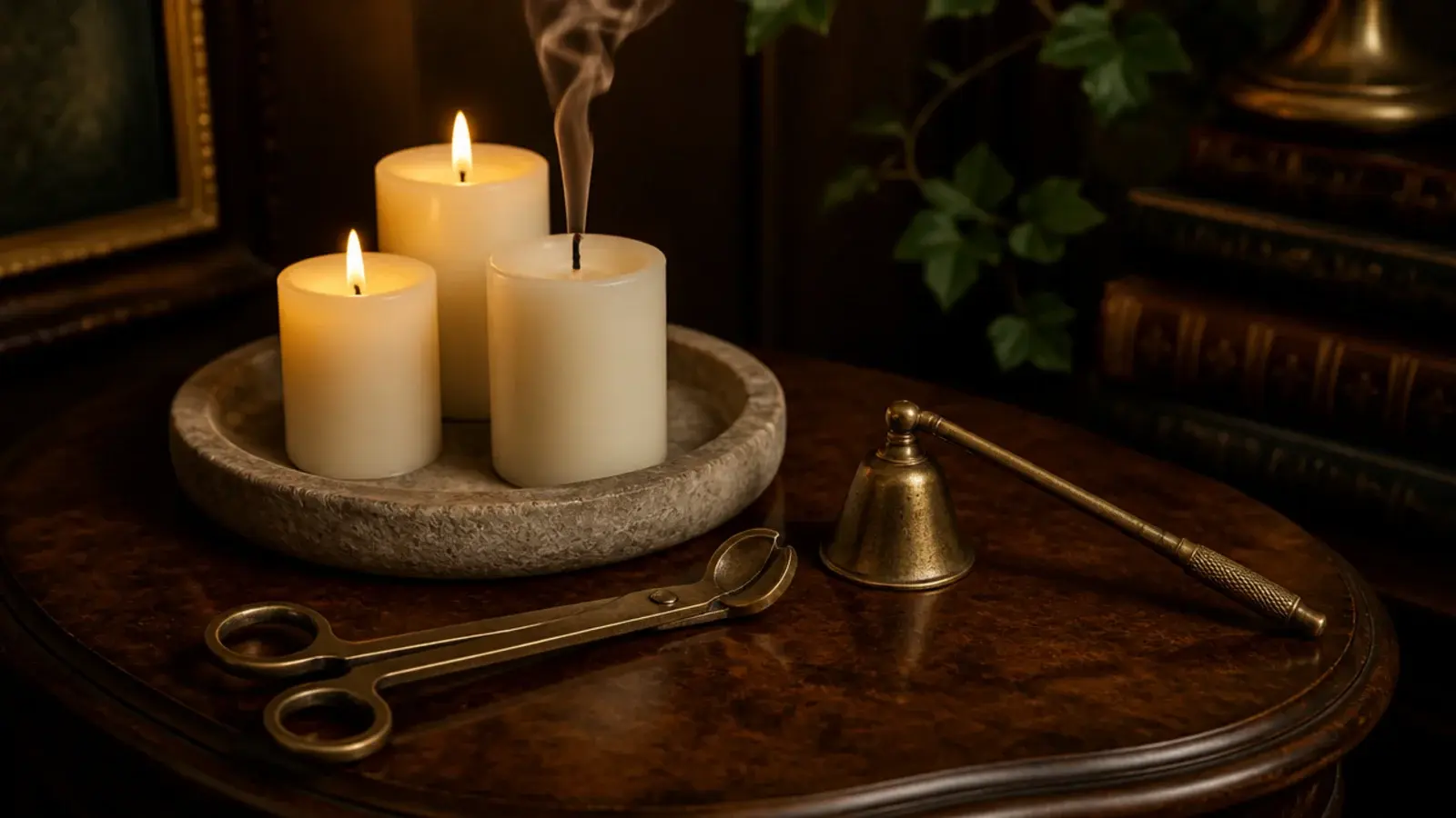 brass snuffer and trimmer resting beside a candle tray in a corner