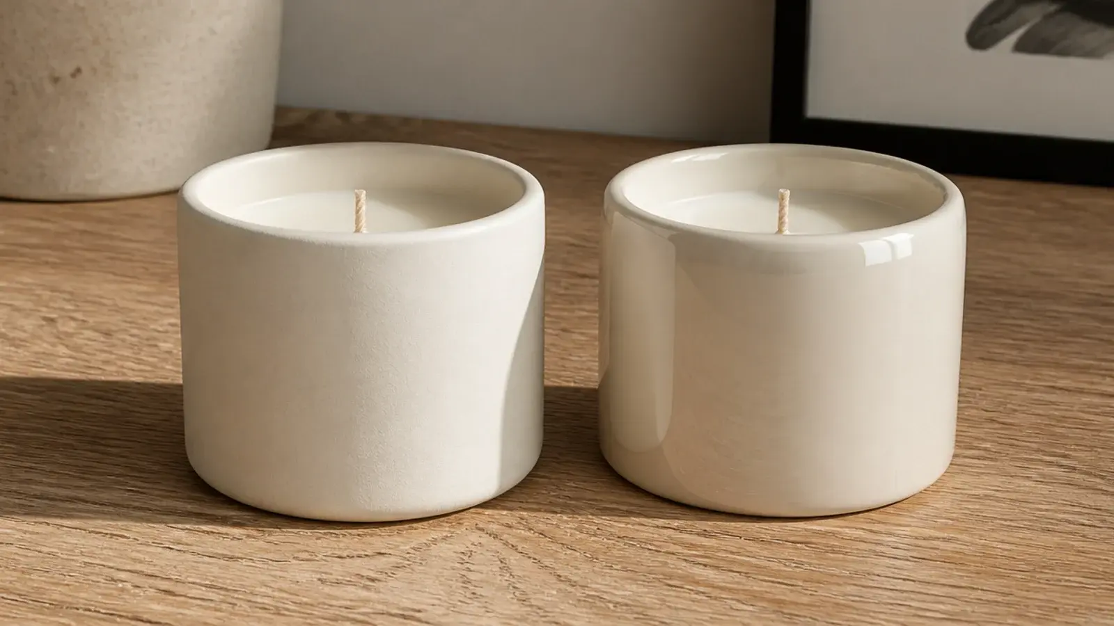 matte cream vessel candle beside a glossy one showing the difference
