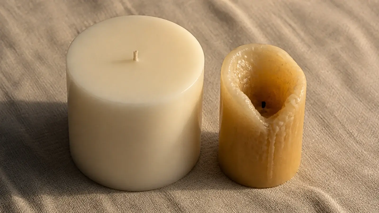wide pillar candle beside a narrow tunneled candle showing the difference