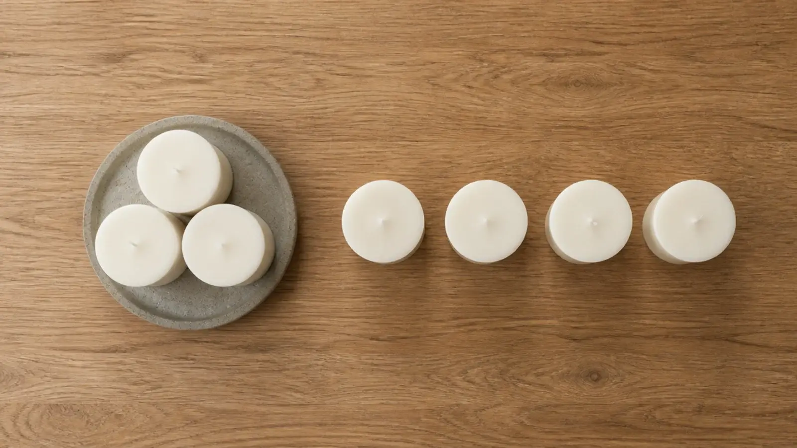 group of three pillars compared with a row of four matching candles