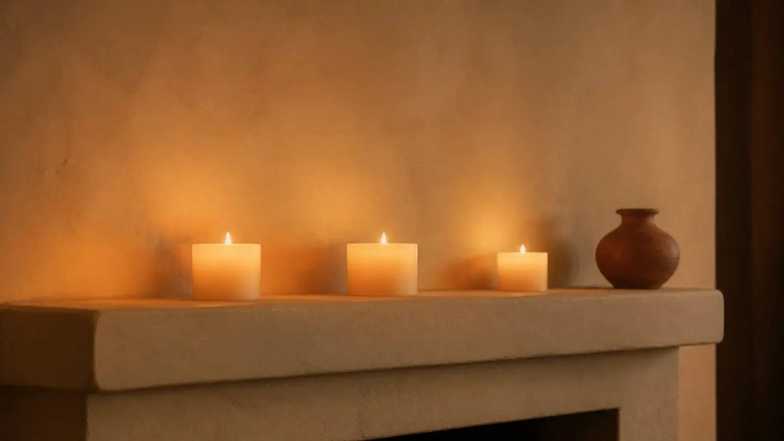 wide pillars spaced along a plaster mantel with empty wall above