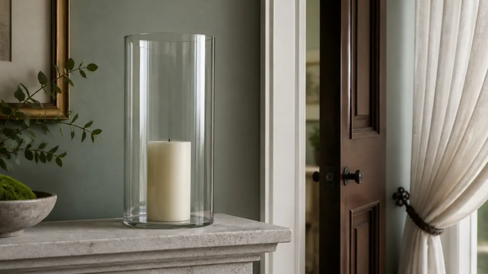 glass hurricane cylinder covering a wide pillar candle near a doorway